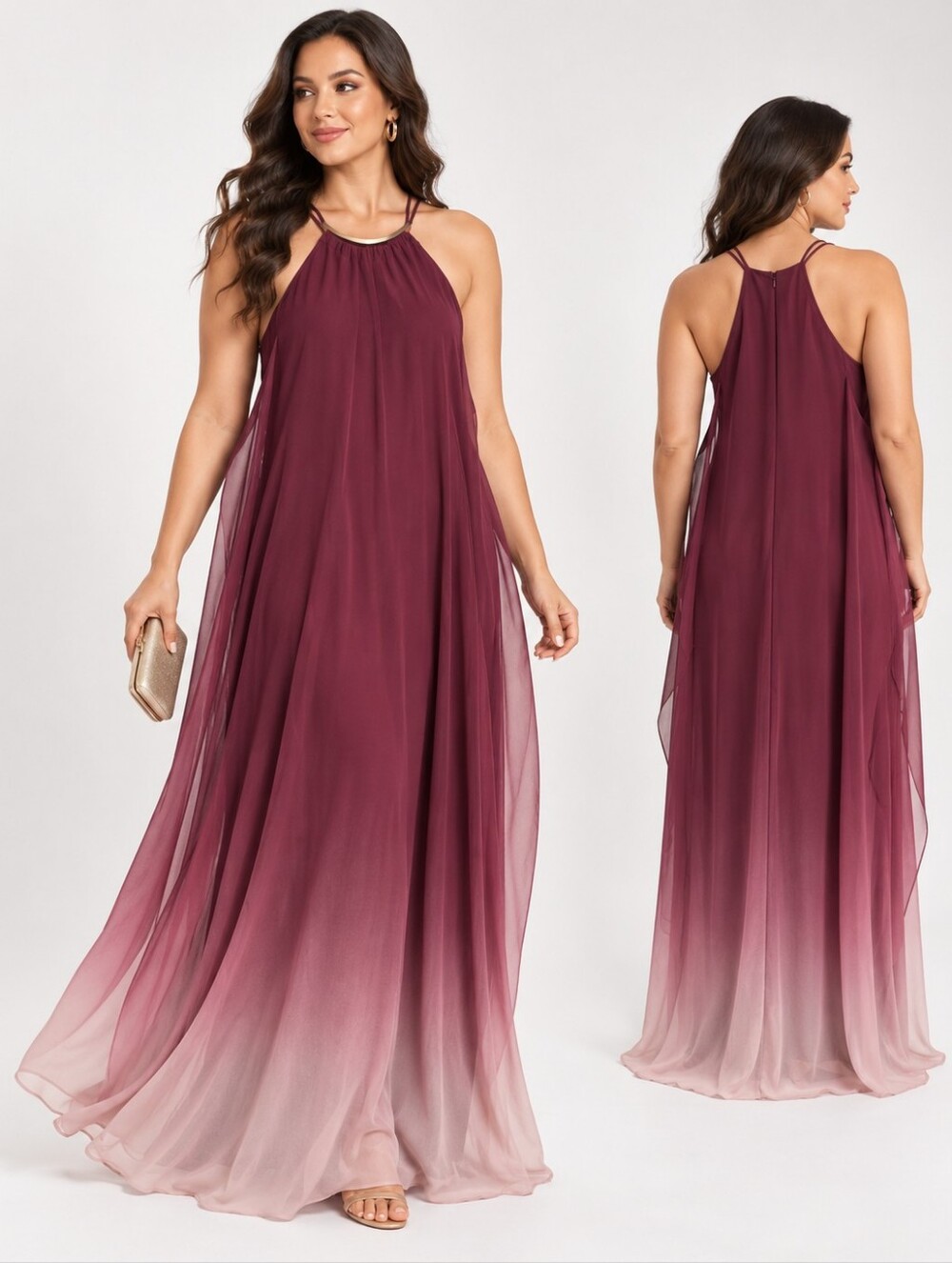 VENUS Wine to Blush Ombre Halter Maxi Dress